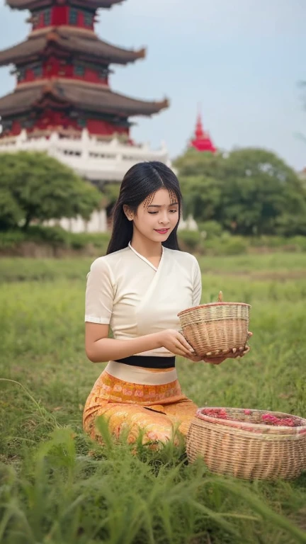 Beautiful Burmese woman, planting rice in a field, a pagoda on a hill in the distance, natural beauty 3d