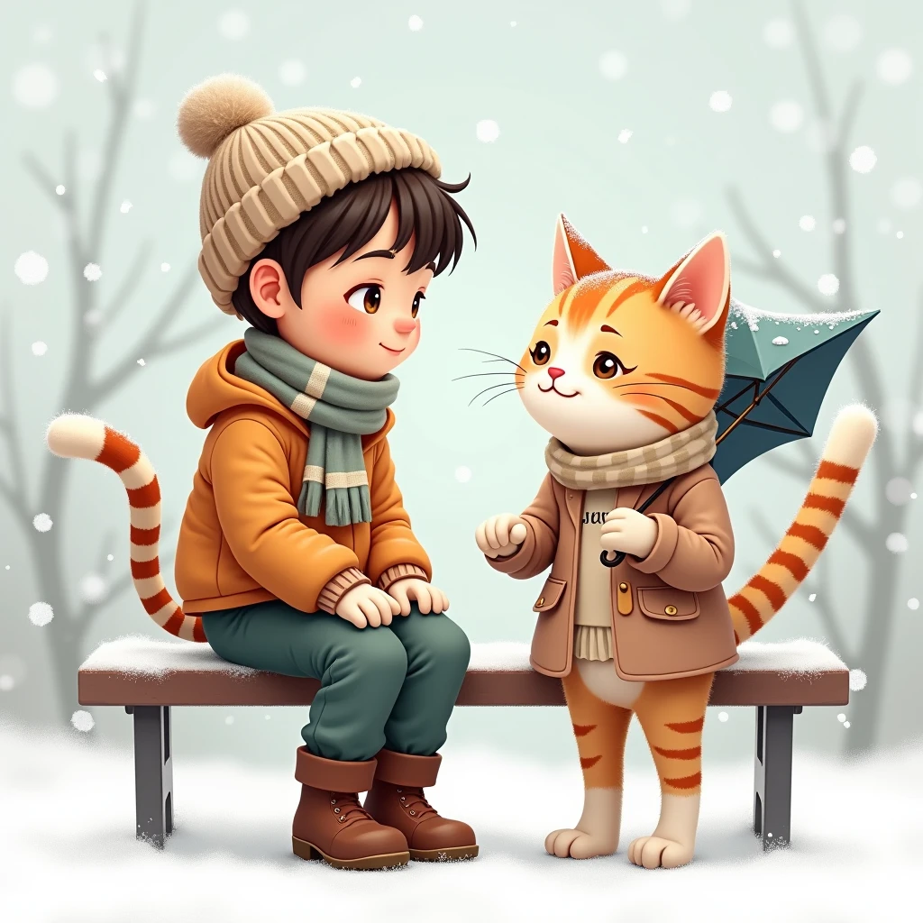  A guy in a warm sweater ,  warm sports pants , scarf , winter jacket ,  sitting on a bench it's snowing looking at a cat standing with an umbrella and a warm blouse,  They look at each other , It&#39;s snowing,  Cute Picture Cartoon , bright colors,  Best quality ,  Complex details ,  maximum details , 8 k,