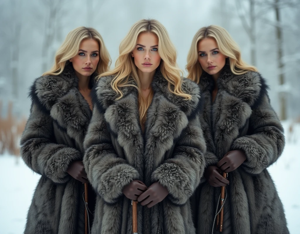 Luxurious furのコートを着たロシア人の乙女。 all wearing fur coats 。Russian women with whips。Blonde、winter、Luxurious fur、 Voluminous Fur 。3 people.