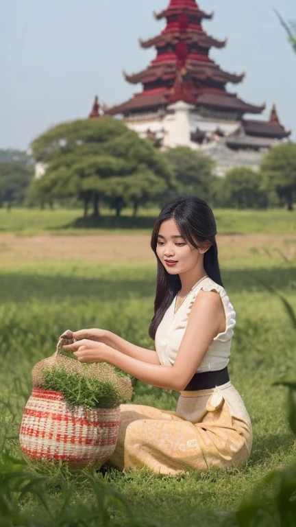 Beautiful Burmese woman, planting rice in a field, a pagoda on a hill in the distance, natural beauty 3d