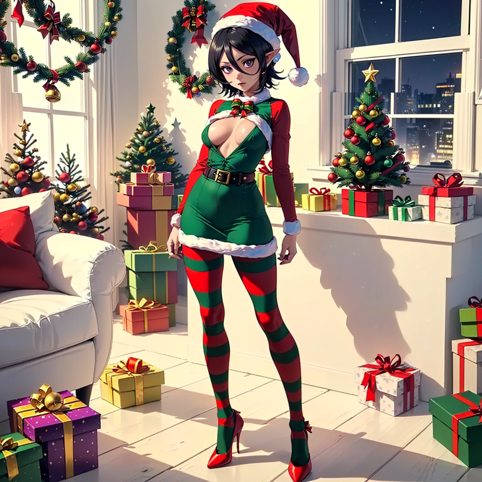 ((shiny eyes, 1girl, milf, standing, sexy pose, ((rukia, short hair, black hair, dark purple eyes, small bust, small breasts)), perfect face,  sharp focus, professional artwork, intricate details)), ((fitness,, shapely body, athletic body, toned body)), ((elf costume, santa elf, christmas elf outfit, green outfit, red outfit, felt, jingle bells, dress green, striped socks, red and white socks, high heels, christmas hat, lining, christmas decoration, christmas trees, flowers, gifts, garlands, window, night))