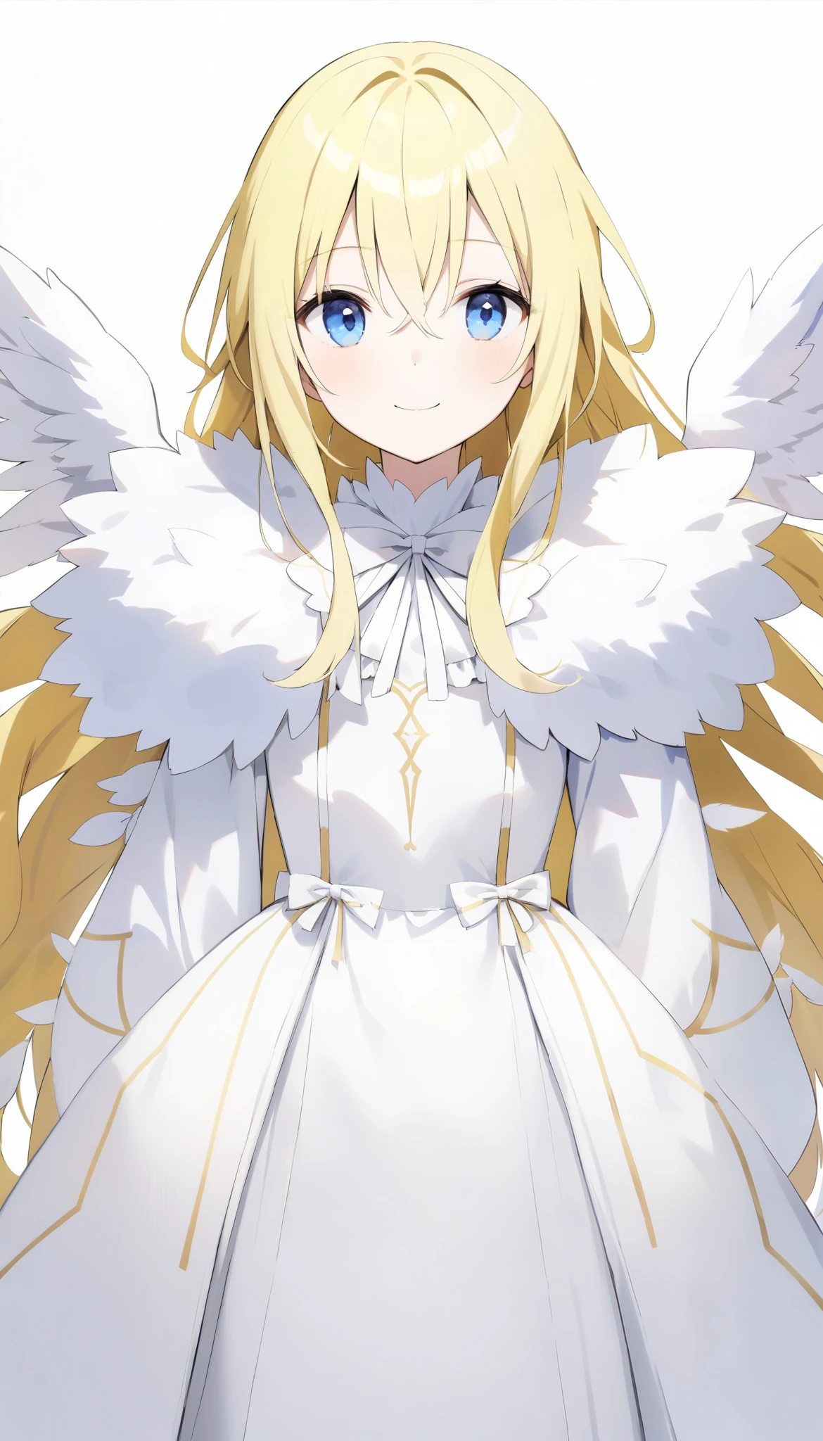 {{masterpiece、 Attention to Details }}、((White background,eye level shot、 cowboy shot、 looking at me))、 1 age woman 、 gentle smile(Yellow long hair、Fluffy long hair)、 blue eyes、healthy、Angel、 white dress、 white ribbon、Angelの羽、 with wings 、White Feather、Angelの輪