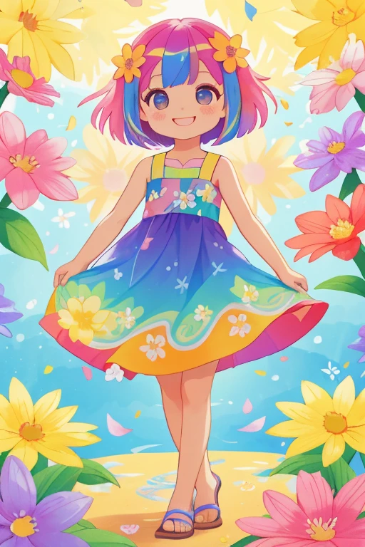 Stand in front of the photo、1girl in,Full body, a short bob、Sleeveless、rainbow color Hair,Colorful flip flops,A slight smil、kawaii pose、Flowing iridescent silk、up of face、Eye Up、Colorcon with heart pattern、Floral dress、There are flowers even in front of you、flower petals、season!!: 夏天☀ 🍂