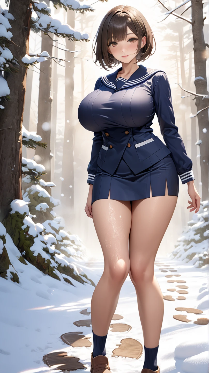 Cute Japanese Busty  ,In a short skirt to see , Chubby walking on Japanese winter street background, Snow falling ,Large Breasts , masterpiece, With huge , Comes with 1 string crop top ,face masterpieces ,Tips ,