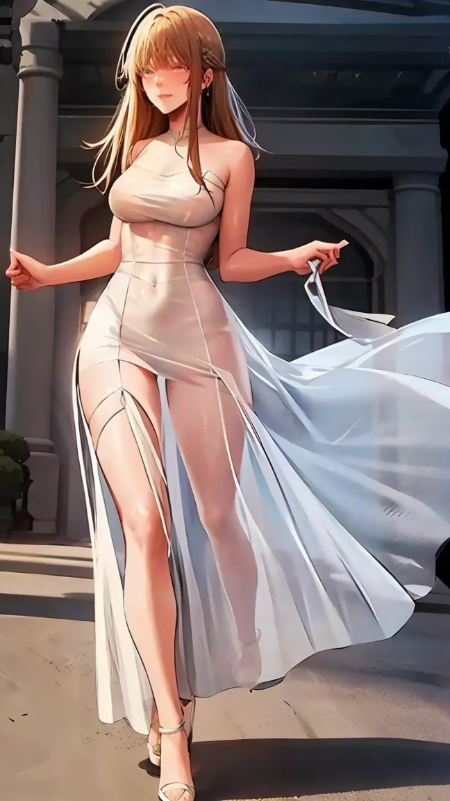 (Perfect Anatomy)、Mastepiece、Ultra High Quality、 8K、masterpiece、Highest quality、Ultra-high resolution、Maximum resolution、Very detailed、Professional Lighting、anime、Adult female、thin、so beautiful、Highly detailed eye、Highly detailed face、Golden earrings、Black Hair,、Pink eyes , Big breasts、grassland,, medium hair, Straight bangs, full body, wedding dress, super long boots、Angle from below