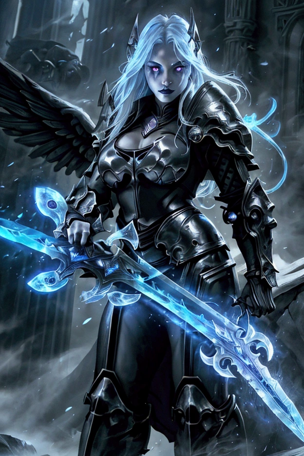 a woman in armor holding a sword and a sword, angel knight gothic girl, villainess has black angel wings, detailed fantasy art, angel knight girl, epic fantasy art style hd, 4k fantasy art, dark armor, stunning armor, hd fantasy art, deathknight, 8k fantasy art, highly detailed fantasy art, wow 4 k detail fantasy, dark angel