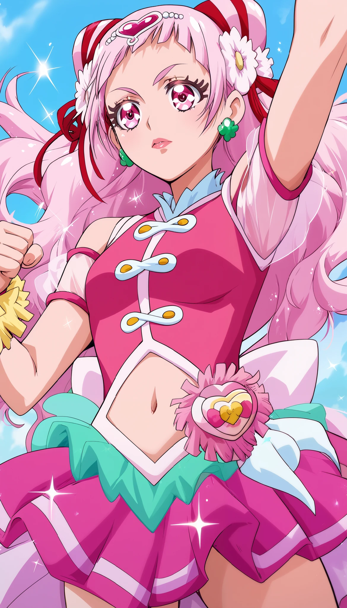 score_9, score_8_up, score_7_up, cure yell, transformed costume, ultraman appearance posing, rising pose,raise up fist ,glossy lips ,looking forward, from below,cowboy shot,natural face,sparkles, glitters, pink storm background,