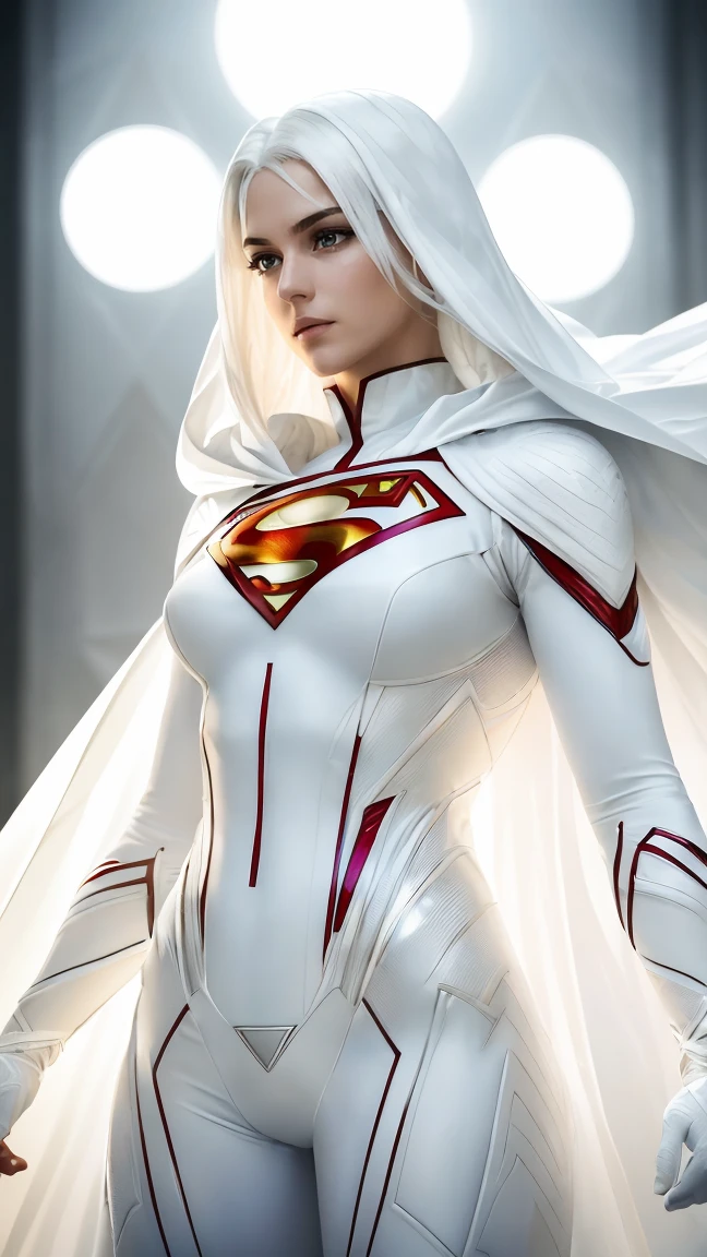 A 25-year-old girl with white hair in an elaborate long-sleeved Superman costume in white, covering the whole body, Vivid colors, dramatic lighting, white capelet , White Superman Costume, Suit with white carbon fiber details, (intricate details:0.9), (HDR, hyper-detailing:1.2), (natural skin textures, hyper realisitc, soft light, Sharp, (Thick thighs:1.2)