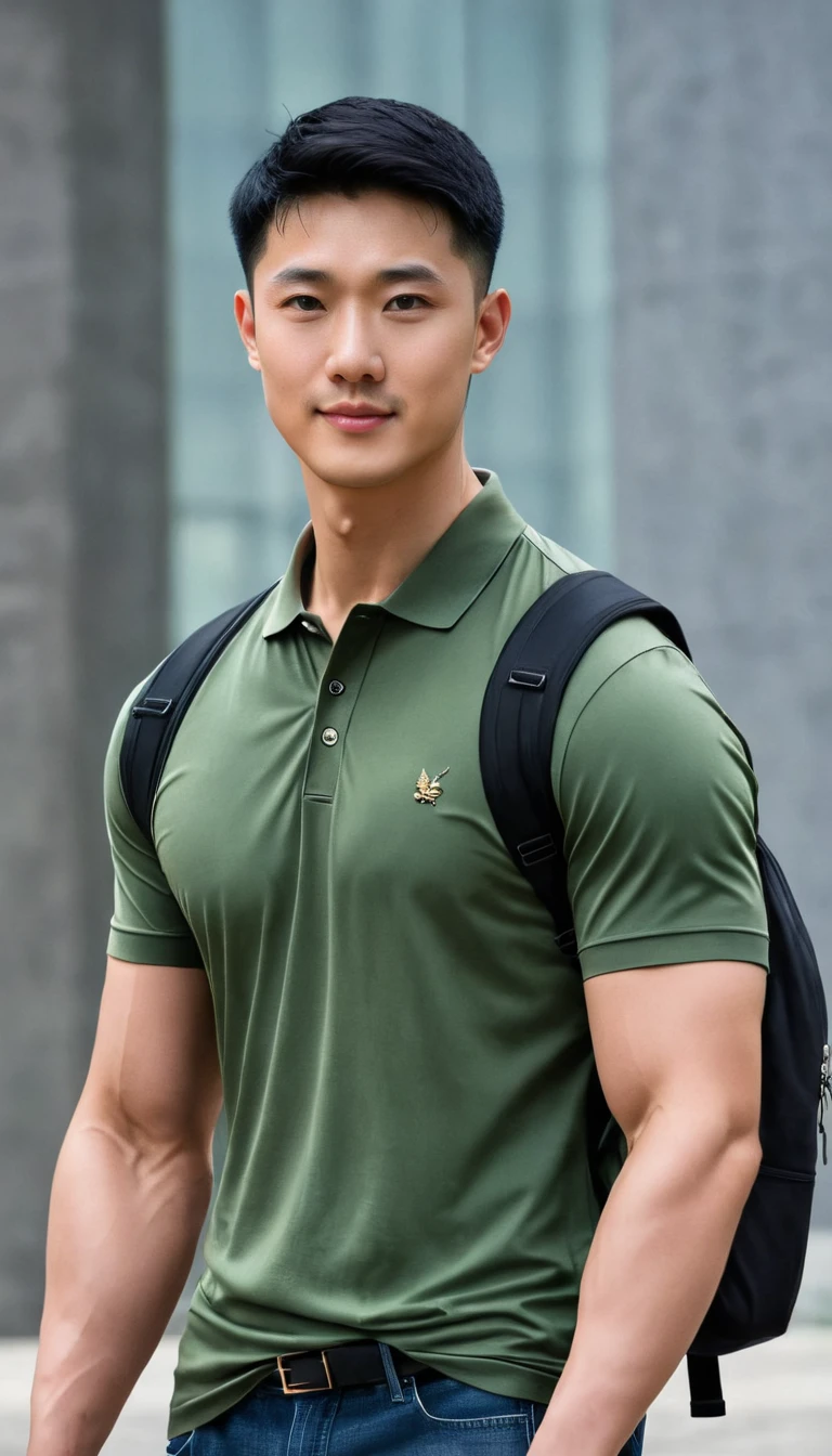 1boy, orimale ,Orimura, black_eyes, black_hair, male_focus, realistic ,  bright eyes  ,smile, Buzz Cut Drop Fade , Handsome Chinese Man with a Little Mustache , is muscular ,blood vessel,Broad shoulders, Wear a olivegreen polo shirt with short sleeves without a logo and jeans. Backpack