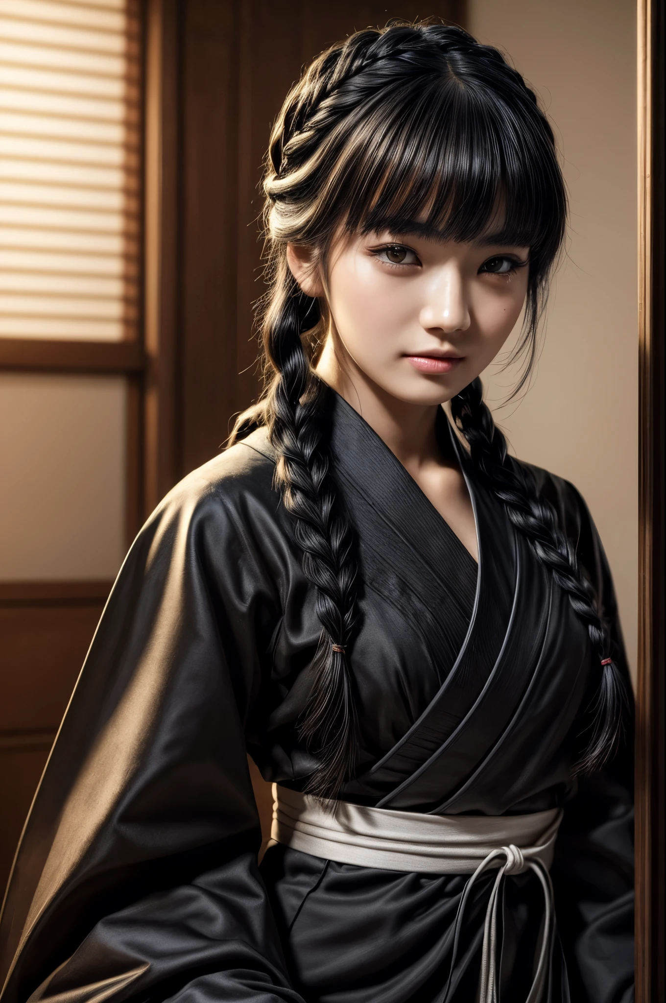 masterpiece, best quality, extremely detailed, hyperrealistic, photorealistic, a beautiful japanese 20s model, ultra detailed face:1.2, mideum hair, braid, black hair, black ninja uniform:1.1, serene, room
