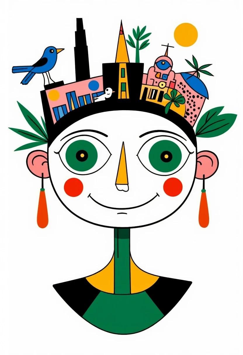 Create me a minimalist logo for a manufacturing company. I want it to look like a tourist . I just want the head to appear and have a technological map of the world. I want a zoo , A museum , An airport and a hotel should appear,To make it not scary , Please . But I want something simpler,It can be placed anywhere , The eyes are green , I want this to be very original , So that the company can be distinguished from the others ., I want to make it 2D