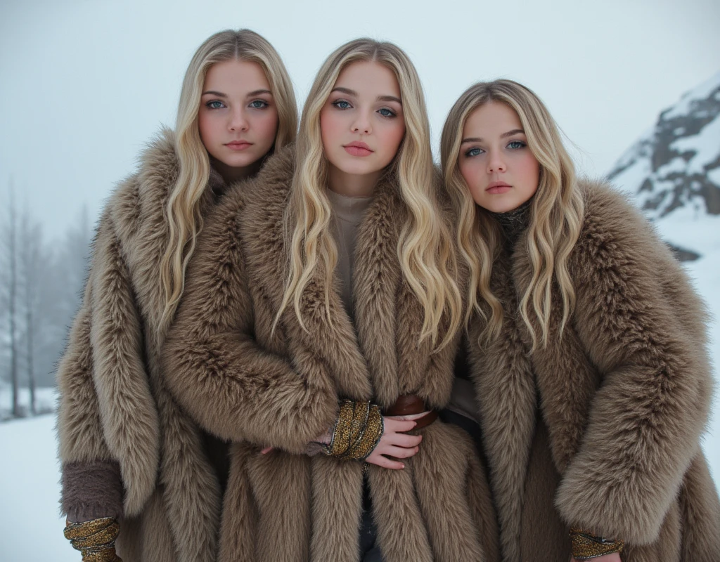 Luxurious furのコートを着たロシア人の乙女。Everyone wears fur coats。Russian maidens with whips 。Blonde、winter、Luxurious fur、 Voluminous Fur 。3 people.