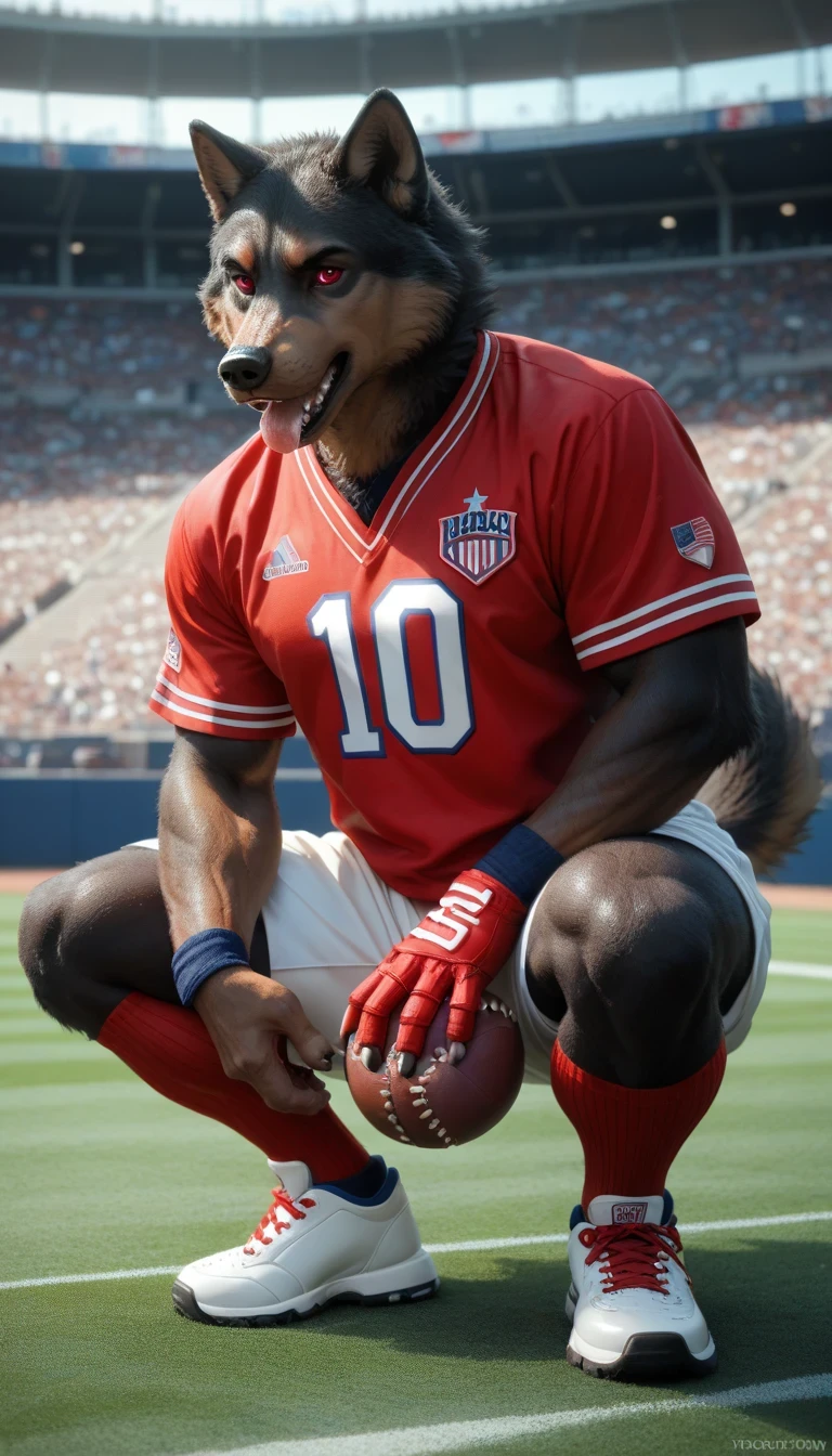  Furry male black wolf wearing an American football uniform, in a stadium,   squatting posture looking at the spectator  , red eyes, salivating,   holding an American football , Jersey, American football oboid  