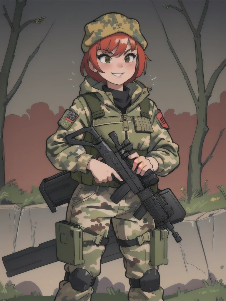 girl with smile and red short hair, camouflage jacket, tactical glovers, camouflage balaclava, camouflage pants and army boots. standing