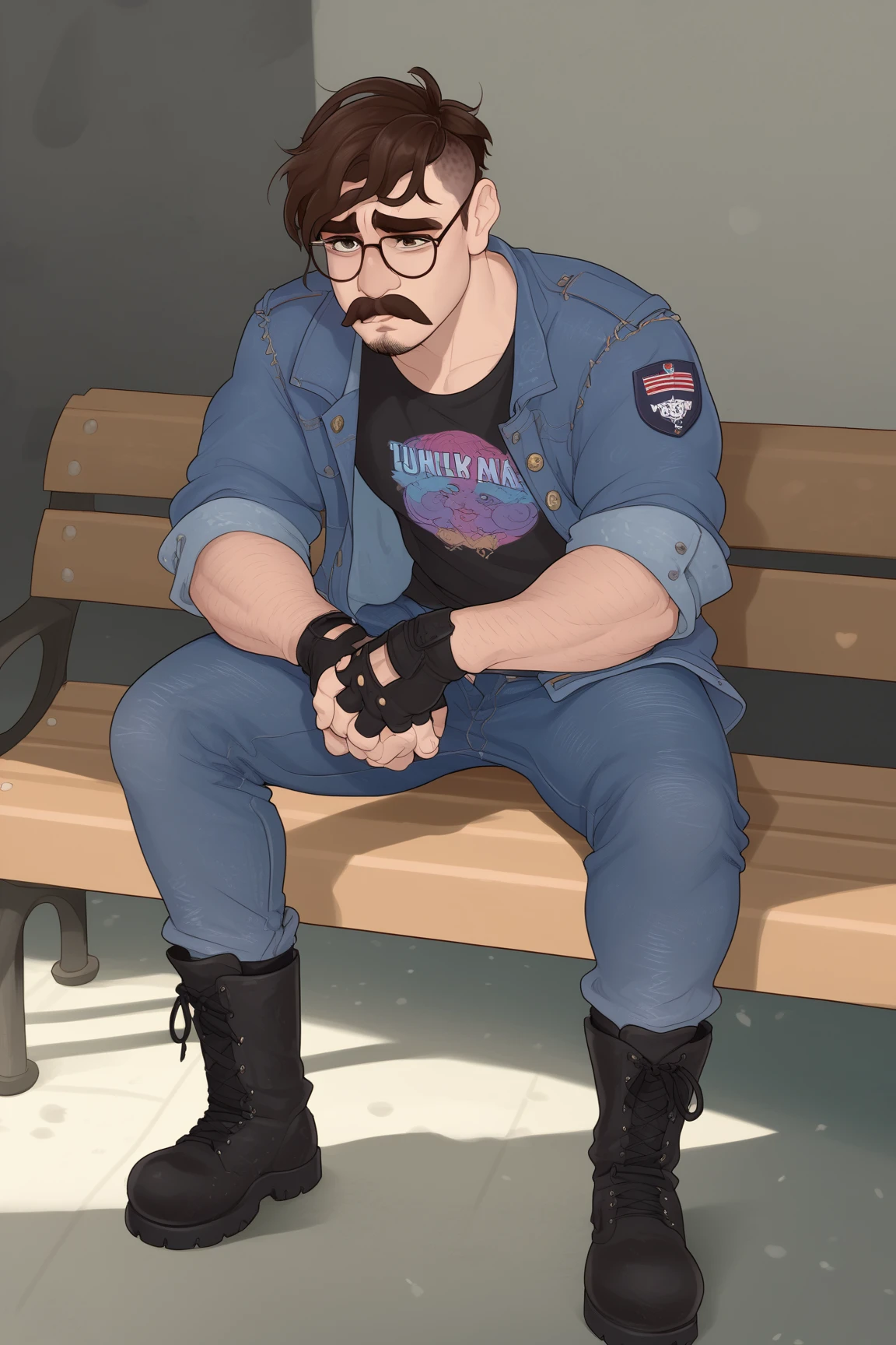 1male, solo, human male sitting on bench, ("sad keanu" pose:1.3), brown hair, messy pompadour, dark hazel.eyes, handlebar mustache, neat beard, old light blue denim jacket with leopard-print collar, punk t-shirt, black fingerless gloves, combat boots, black skinny jeans, black rim glasses, heartbroken facial expression, sad posture, staring blankly outside frame, High Resolution, Anatomically Correct, Accurate, Best Quality, High Details, UHD, Wide Shot, Perspective, Illustration, Digital Art, 