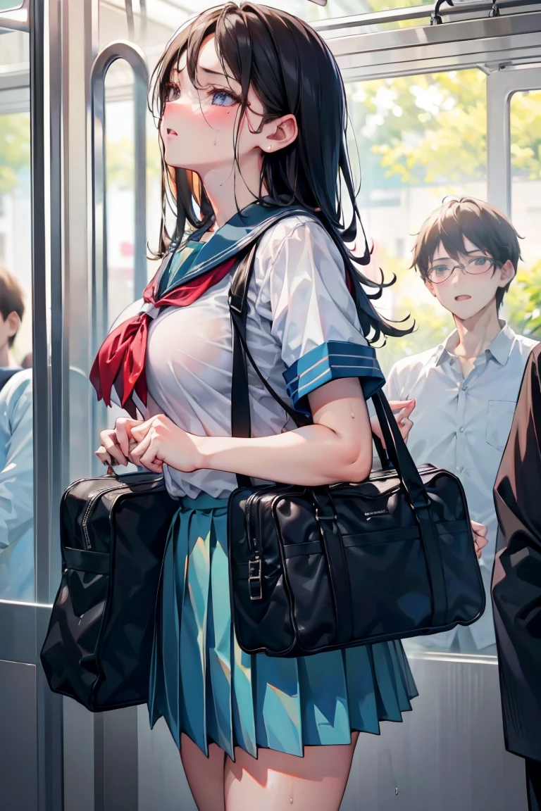 crowded train、13 years old、Middle school students２grade、summer sailor suit、black tights、student bag、、low length、(((((long bangs hide the eyes:1.5)))))、((freckles))、((((long black hair:1.2))))　(((hair band)))(((black rim glasses:1.2　black eye)))、standing in a crowded train、that&#39;I can do it because it&#39;s full&#39;Doesn&#39;t move.、bevel、From above、looking here、troubled expression、look down、(((cowboy shot)))(((blush)))(Rear view）)(((surrounded by many people)))