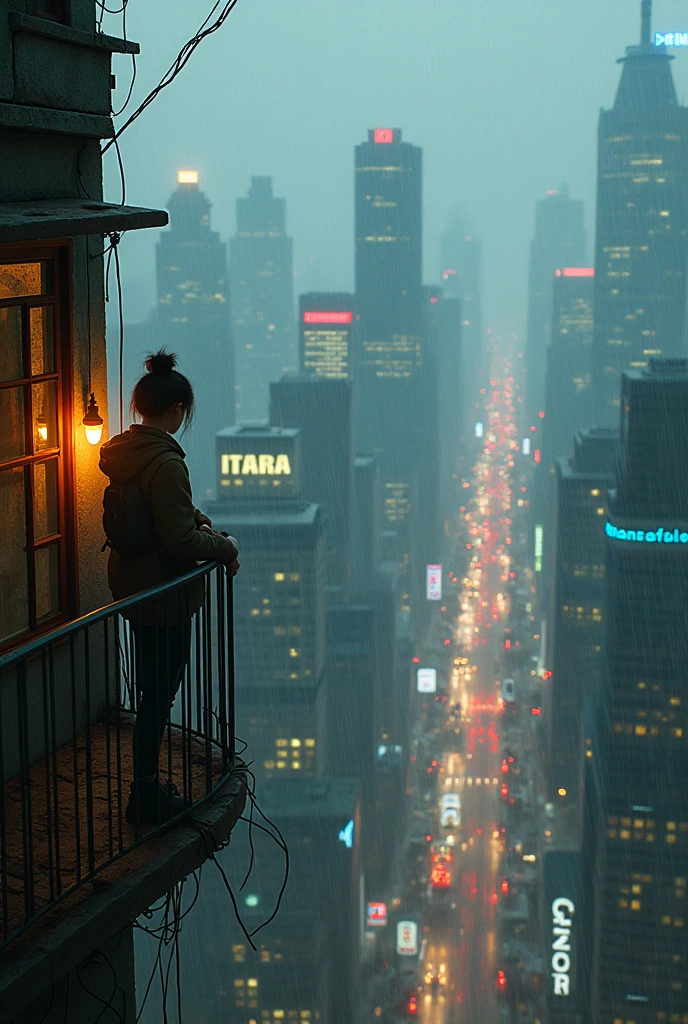 room with cozy and dark atmosphere, night time, large glass windows, rain outside, cinematic neon colors, futuristic city, girl looking out the window listening to music, cm a cat next door --auto --s2