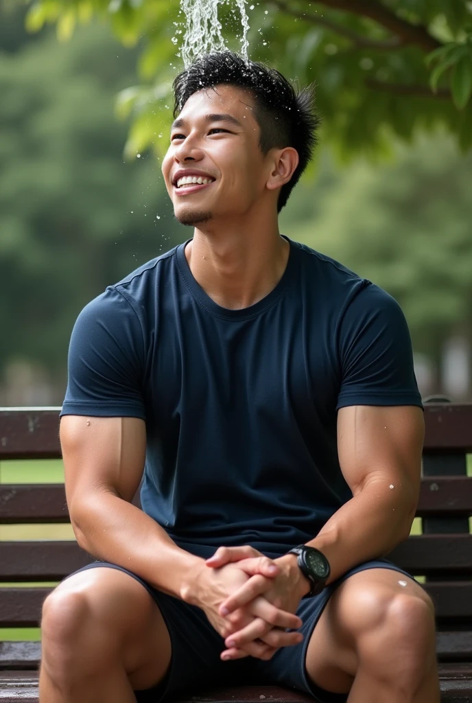 photorealistic, best quality, masterpiece, extremely detailed, sexy, homoerotic, extremely handsome, youthful, 25 year old muscular taiwanese man, ((muscular bodybuilder)), ((massive thighs)), tight booty shorts, big bulge, very sweaty, big smile, happy, sitting relaxed on bench, he holds out a water bottle towards camera, at park, looking directly at camera, side view, extremely romantic atmosphere, perfect face, perfect fingers, perfect hands, perfection