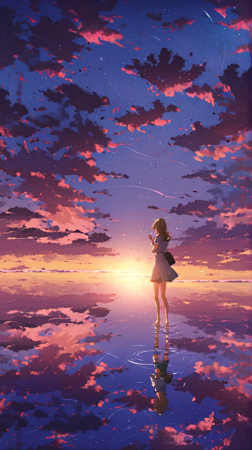  1 girl, eye,  close,  A Beautiful Night Sky , Meteor Shower, Beyond the Clouds, Surrounded by water,  reflections, Wide Angel,  Breathtakingly Beautiful Clouds, Wide angle, Works by Makoto Xin Haicheng,  Thomas Kinkade ,  James Gileard , From holosomnialandscape,  high definition , Volumetric Light,  ray tracing,  complicated,   high detail ,  very detailed, DeviantArt, 4K vertical wallpaper,,  colorful , Air,  animated illustration , Anime Nature Wallpaper