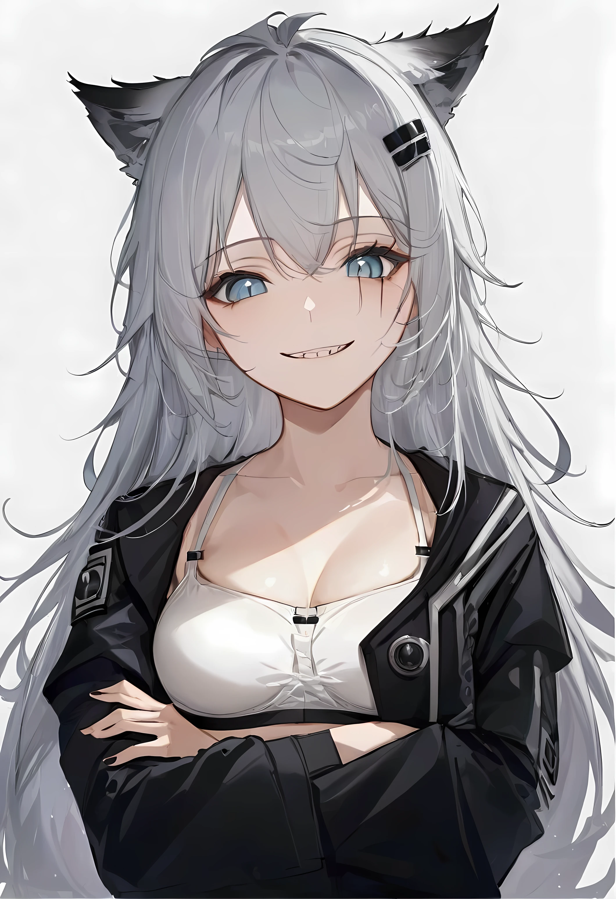 Wolf girl, long white hair with wolf ears, facing viewer, half body, black hair clip, blue eyes, smile with sharp teeth, arms crossed on chest, black jacket with lining White bra, white background,Teenager