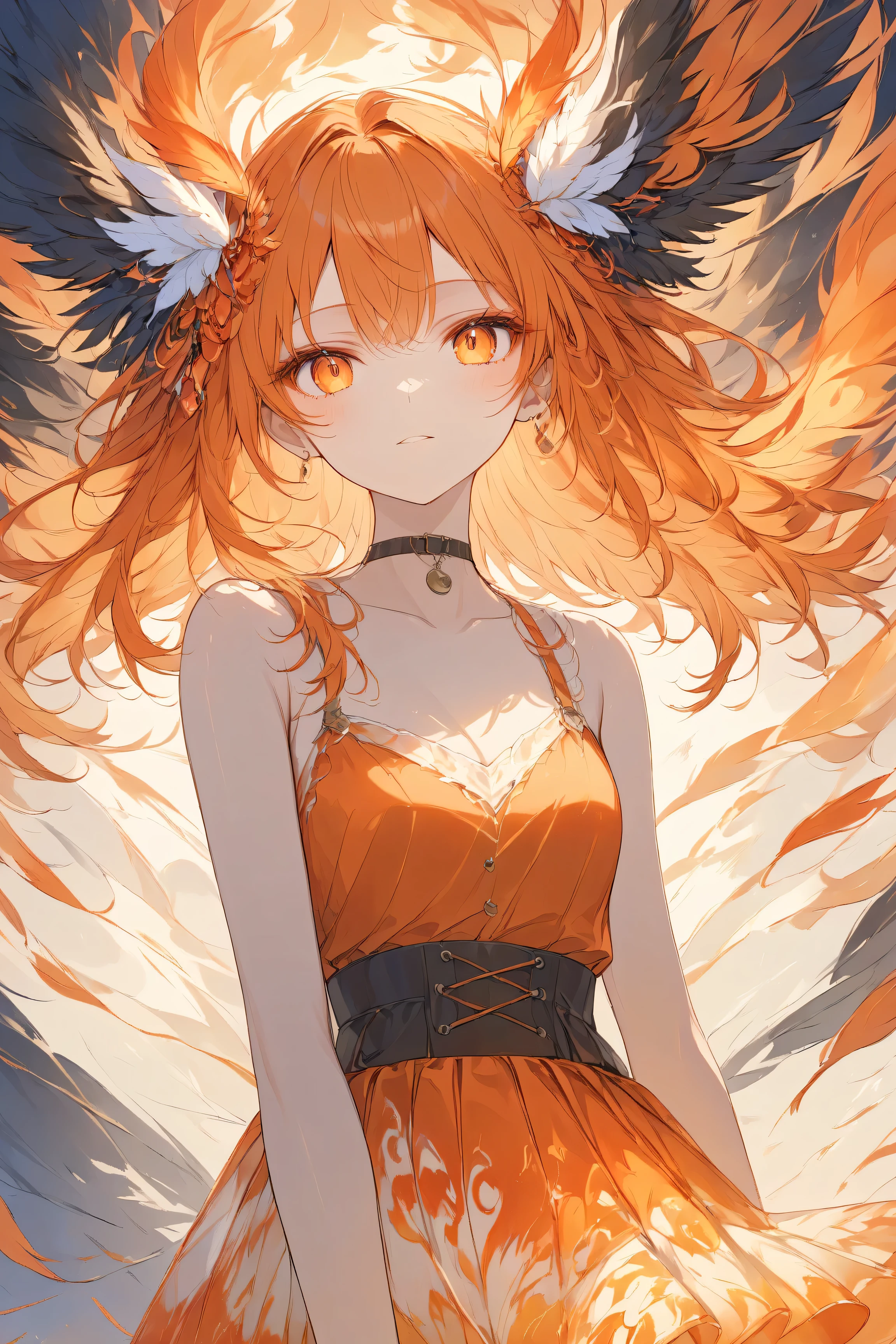 Masterpiece, high quality, high resolution, 16K, highly detailed background, digital painting, unreal engine, Makoto Shinkai illustration, hyperrealistic, fantasy, petite girl, beautiful face, beautiful skin, long eyelashes, beautiful eyes, beautiful legs, full body, flame feathers, Orange hair, messy hair, red tips, feather hair ornament, golden eyes, fair skin, flame pattern all over, tank top and skirt, white and orange based clothing, transparent material, choker, expressionless face, fire magic, fire spirit, burning flames, burning sunset,