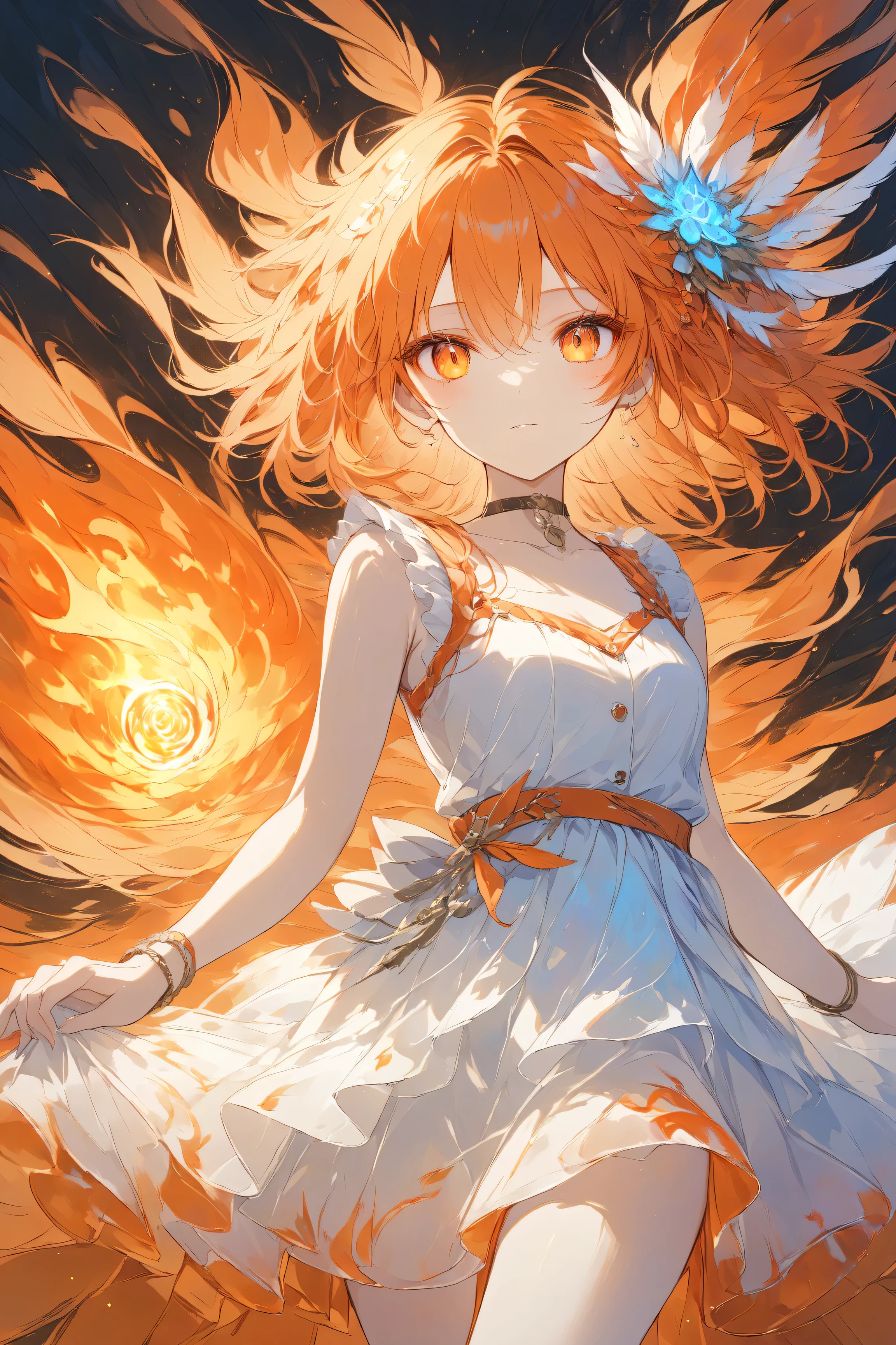 Masterpiece, high quality, high resolution, 16K, highly detailed background, digital painting, unreal engine, Makoto Shinkai illustration, hyperrealistic, fantasy, ite girl, beautiful face, beautiful skin, long eyelashes, beautiful eyes, beautiful legs, full body, flame feathers, Orange hair, messy hair, red tips, feather hair ornament, golden eyes, fair skin, flame pattern all over, tank top and skirt, white and orange based clothing, transparent material, choker, expressionless face, fire magic, fire spirit, burning flames, burning sunset,