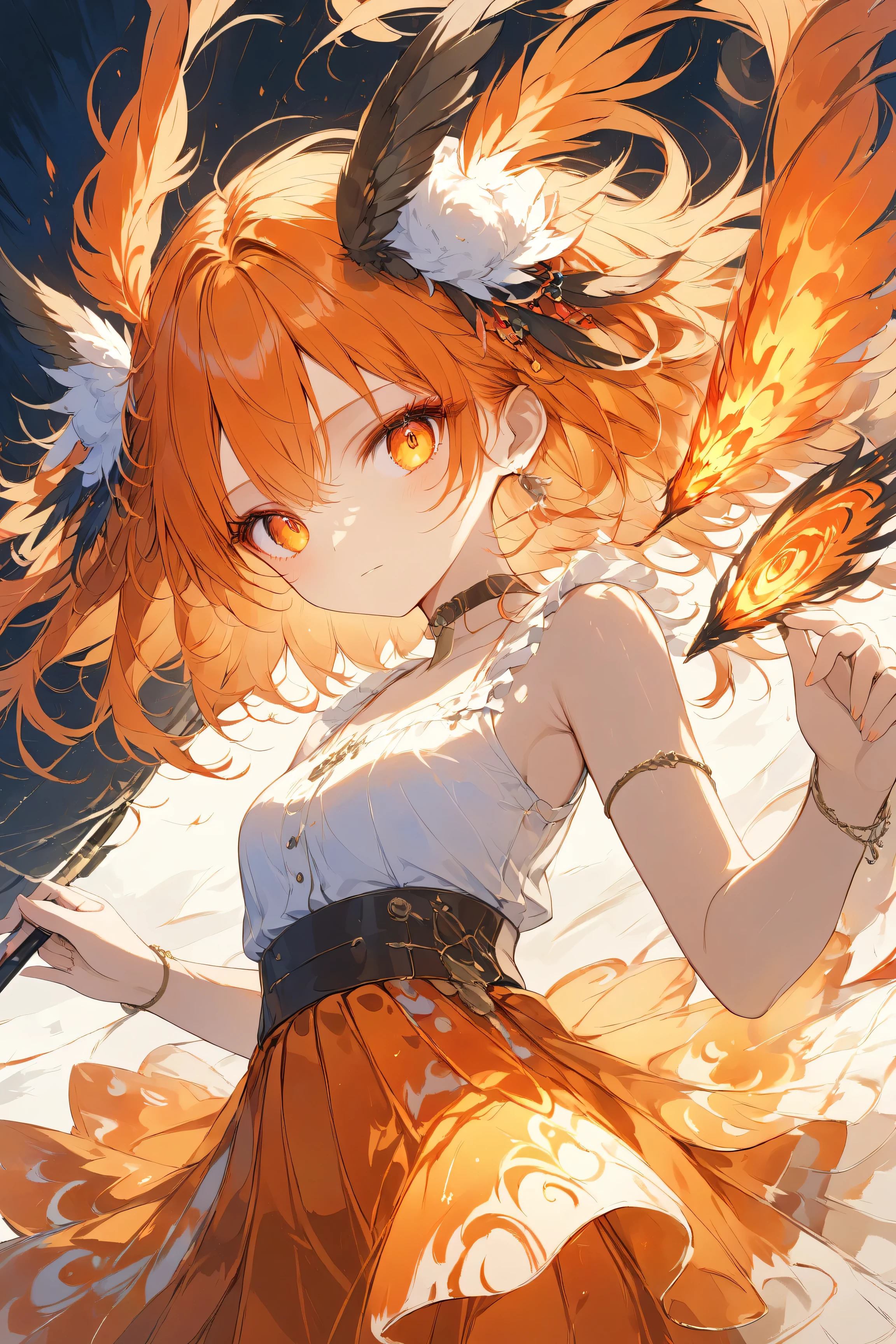Masterpiece, high quality, high resolution, 16K, highly detailed background, digital painting, unreal engine, Makoto Shinkai illustration, hyperrealistic, fantasy, ite girl, beautiful face, beautiful skin, long eyelashes, beautiful eyes, beautiful legs, full body, flame feathers, Orange hair, messy hair, red tips, feather hair ornament, golden eyes, fair skin, flame pattern all over, tank top and skirt, white and orange based clothing, transparent material, choker, expressionless face, fire magic, fire spirit, burning flames, burning sunset,
