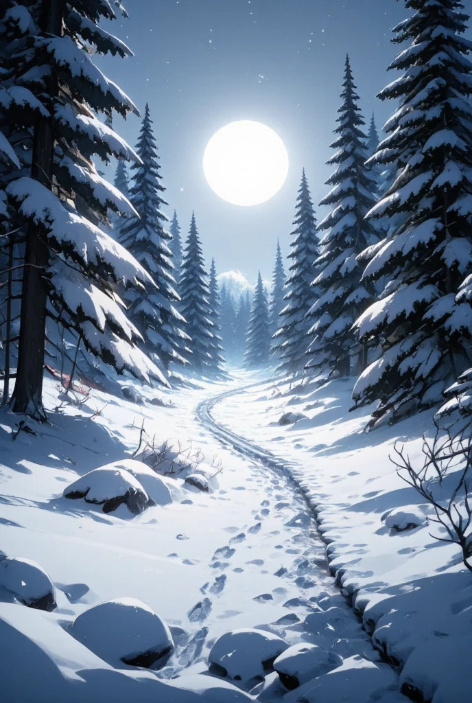 a snowy landscape, footprints in the snow, winter scenery, cold, atmospheric, peaceful, serene, tranquil, snowflakes, snow-covered trees, moonlight, (best quality,4k,8k,highres,masterpiece:1.2),ultra-detailed,(realistic,photorealistic,photo-realistic:1.37),highly detailed,winter wonderland,dramatic lighting,beautiful lighting,cinematic,muted colors,soft colors,subdued colors