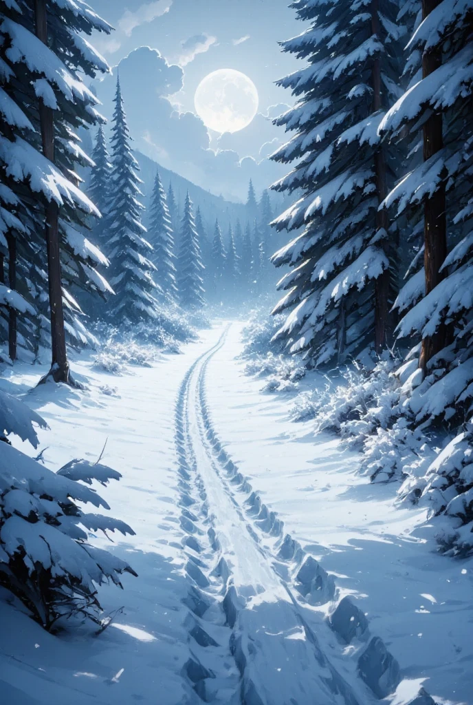 a snowy landscape, footprints in the snow, winter scenery, cold, atmospheric, peaceful, serene, tranquil, snowflakes, snow-covered trees, moonlight, (best quality,4k,8k,highres,masterpiece:1.2),ultra-detailed,(realistic,photorealistic,photo-realistic:1.37),highly detailed,winter wonderland,dramatic lighting,beautiful lighting,cinematic,muted colors,soft colors,subdued colors