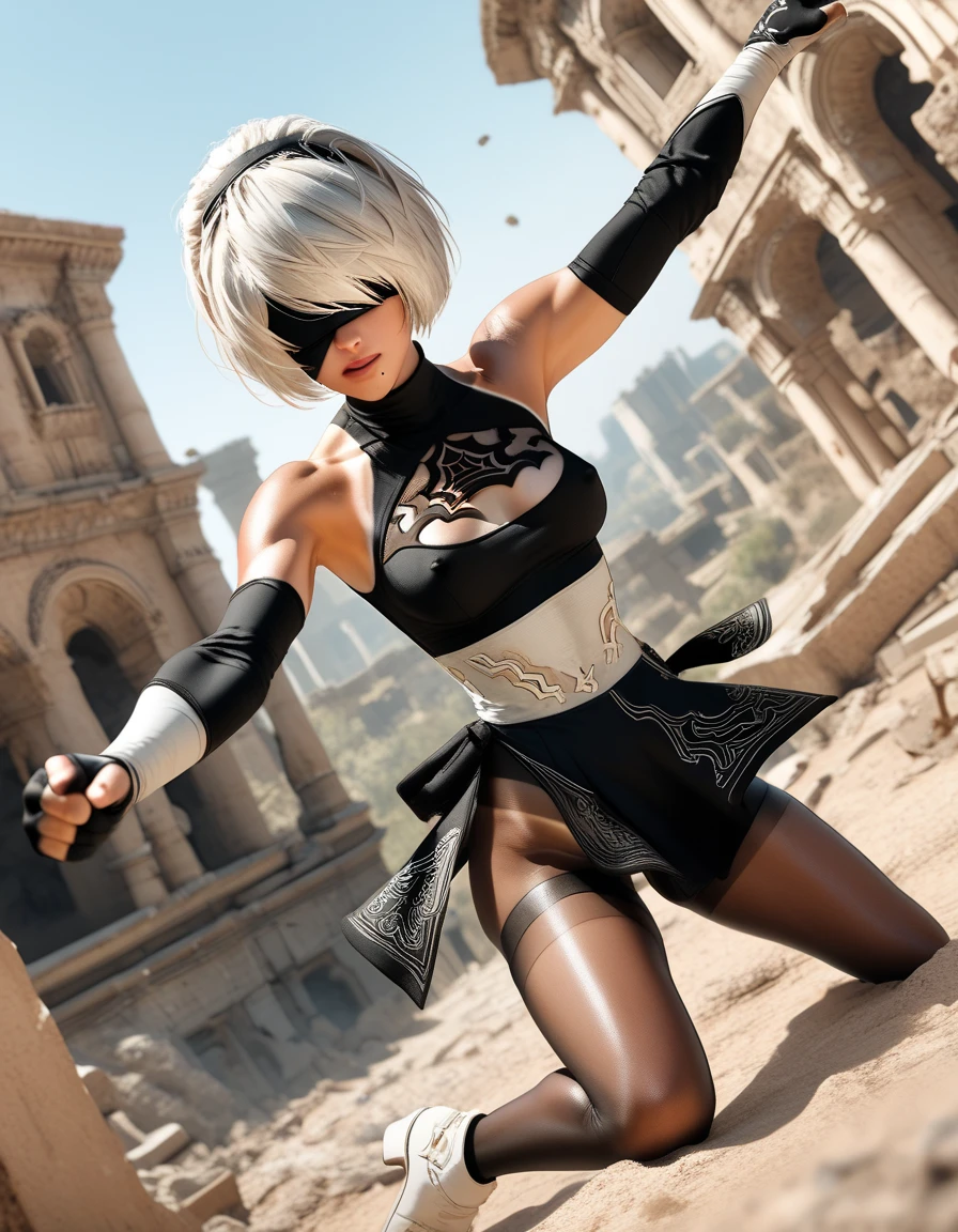 1woman, ((2B)),(Nier Automata 2B), white hair, blindfold over eyes, (ultra-detailed face), accurate face, (tomboy style skirt, ((black))), (leotard under skirt, (white)), (high side slits in skirt) , sleeveless, black over-elbow gloves, opaque pantyhose, skindentation, (light skin), tan lines, erect nipples, ((well defined shoulders)), (fighting poses:1.37), (wielding giant katanas in both hands), wide angle, outdoor sandy dunes backdrop, ancient skyscraper ruins in background, PL4YB0YP0S3 