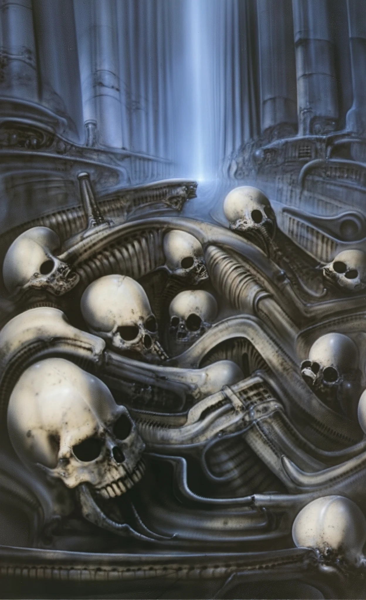 

g1g3r, 0f1g, Giger_style, Giger_style, The image is a detailed view of H.R. Giger's \" biomechanical landscape V\" plate, 

 The tableau depicts a close-up of a group of ivory objects resembling skulls and skeletons, some of which have signs of decay.

The painting is a nightmarish biomechanical scene. In the center of the composition is a chessboard with several chess pieces scattered around it. The background is filled with biomechanical pipes and tubes. The overall feel is one of decay and desolation.
Giger’s signature artistic style, biomechanical surrealism, is on full display in this piece. Biomechanical surrealism combines human anatomy with machines. The skeletal figures in the painting are fused with mechanical parts, creating a disturbing and unsettling effect.
Here’s a more detailed description of the composition:
In the center foreground is a metallic chessboard with several metallic chess pieces scattered around it.
To the right of the chessboard is a skeletal figure hunched over tribune. 
The art performance showcases the artist’s skills in observation and rendering. The level of detail in the piece suggests a close study of real bone specimens and anatomy. The artist has skillfully used shading techniques to create a convincing illusion of three-dimensionality on a flat surface.The wrinkles and cracks in the surface, and the cast shadows with accuracy, used shading techniques to create a realistic depiction of light and shadow on the objects. This creates a sense of depth and dimension in the image

The style  is clearly biomechanical. Features combination of organic and mechanical forms. Mechanical elements dominate the composition, there are subtle organic hints. The use of undersaturated purple-grays dark contrasts creates a stark and graphic look. Is used a variety of linework techniques to create different textures. Fine, parallel lines create a smooth, metallic texture,while thicker, more cursive lines suggest cables or wiRes