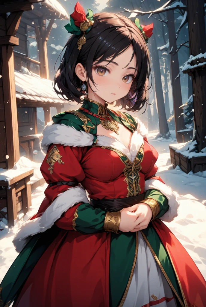 a girl wearing a beautiful red and green christmas dress, christmas themed jewelry, curled hair, detailed face, warm lighting, photorealistic, 8k, high quality, intricate details, cinematic lighting, snow in the background, winter forest background, (best quality,4k,8k,highres,masterpiece:1.2),ultra-detailed,(realistic,photorealistic,photo-realistic:1.37)