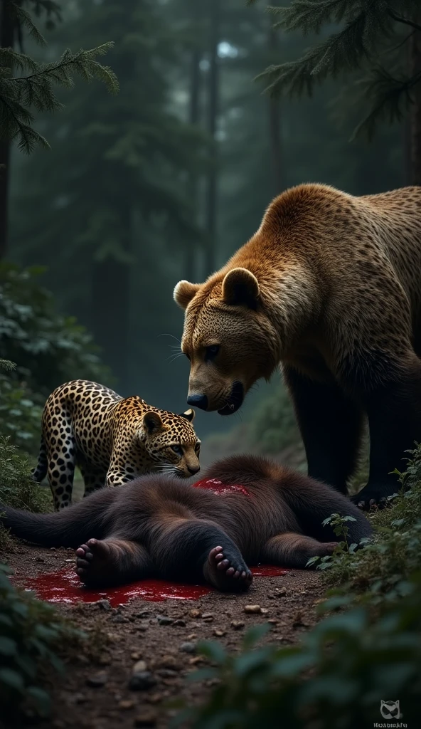 Black bear standing over a dead Lynx that it fought