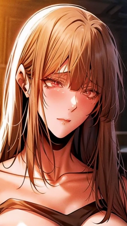 The face of a mature girl, long blonde hair, red eyes