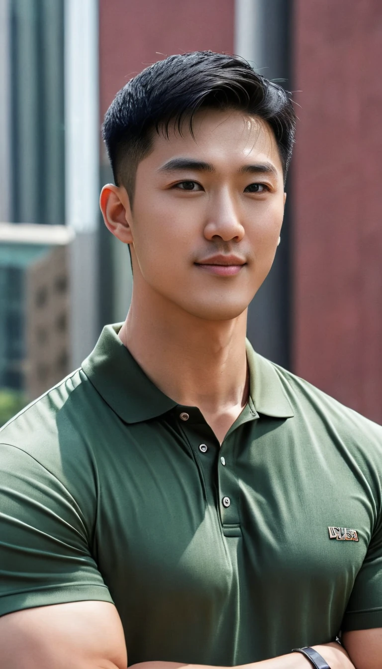 1boy, orimale ,Orimura, black_eyes, black_hair, male_focus, realistic ,  bright eyes  ,smile, Buzz Cut Drop Fade , Handsome Chinese Man with a Little Mustache , is muscular ,blood vessel,Broad shoulders, Wear a olivegreen polo shirt with short sleeves without a logo and jeans. Backpack