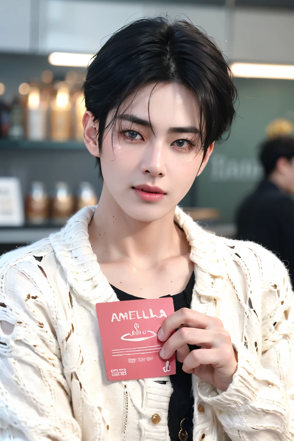 ((Masterpiece, best quality, high quality, hyper-realistic, ultra detailed, RAW Photo)), 1 young man, Korean man, Kim Taehyung, medium black hair, thin face, casual outfit, perfect eyes, perfect smile, perfect face, handsome, red lips, in the coffee shop, ((holding a name card that says "Camella"))