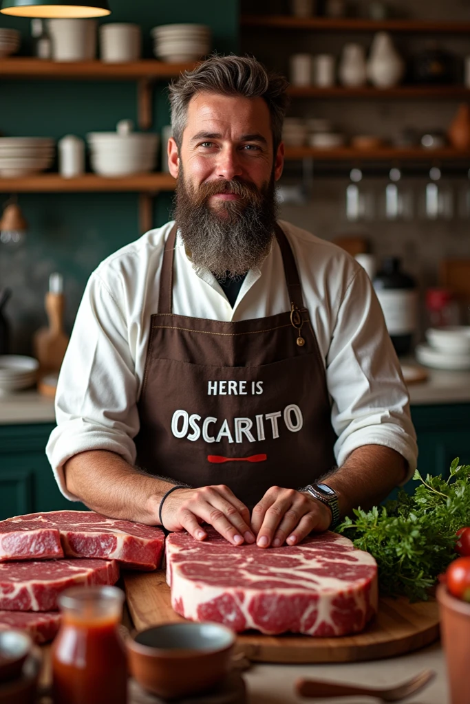 Butcher with white apron dirty with blood. He is drinking mate and behind him there is a half beef hanging
