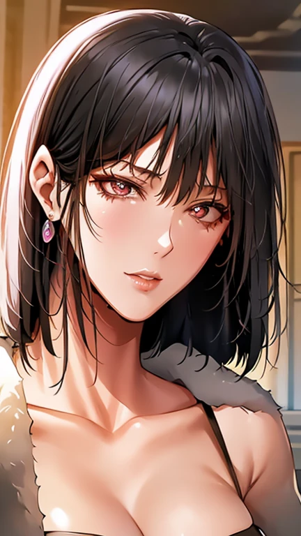  The face of a mature woman would be a little angry, focus on her eyes, which are crystalline black, strong black hair cut to the shoulders, small nose with full lips.