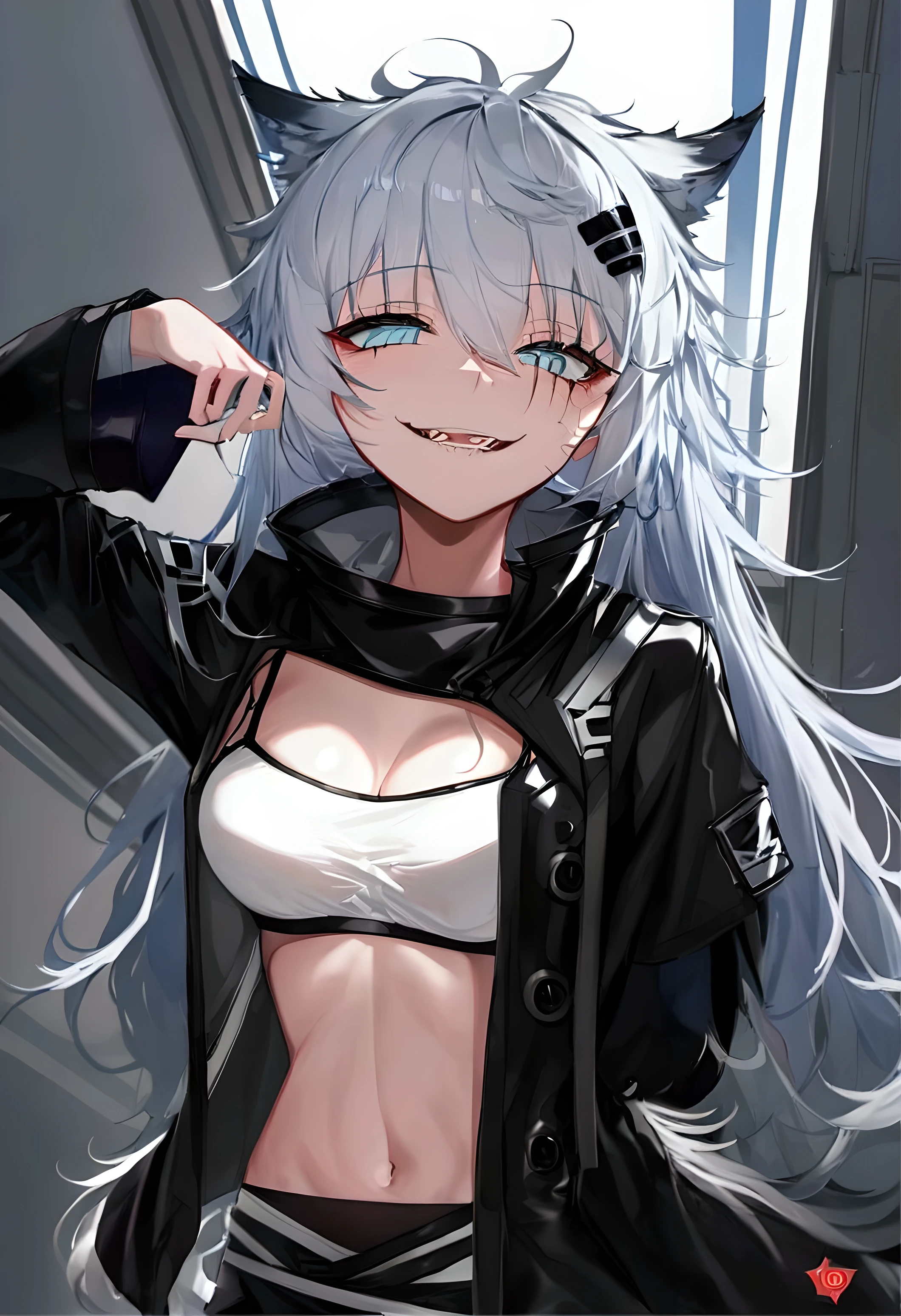 Wolf girl, long white hair with wolf ears, facing viewer, half body, black hair clip, blue eyes, smile with sharp teeth, black jacket with lining White bra, white background,Teenager,Yandere anime girl pose