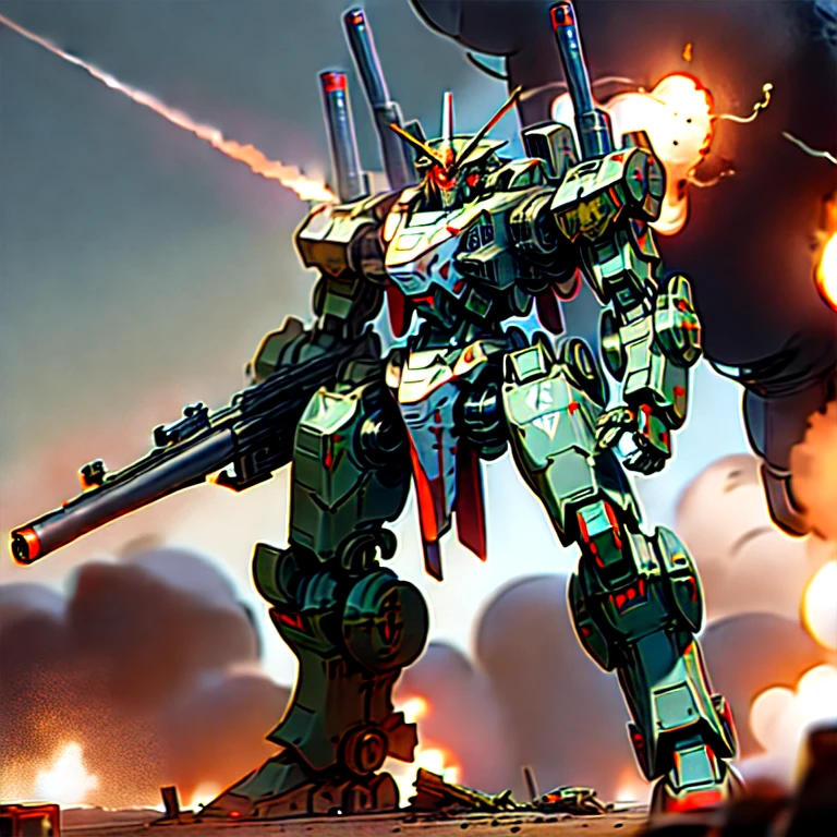 A giant robot is standing, thick legs, rifle, missile pod, machine gun, Huge cannon, very detailed, battlefield, fire, cigarette, explosion, armored core style,