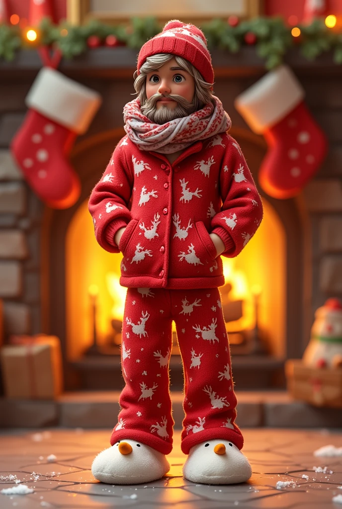 Festive Christmas pajamas | red flannel with white reindeer and snowflake prints | matching button-up shirt and pants | soft, fluffy slippers shaped like snowmen | cozy scarf and beanie hat | background of a warm fireplace with stockings hanging | soft yellow-orange glow.