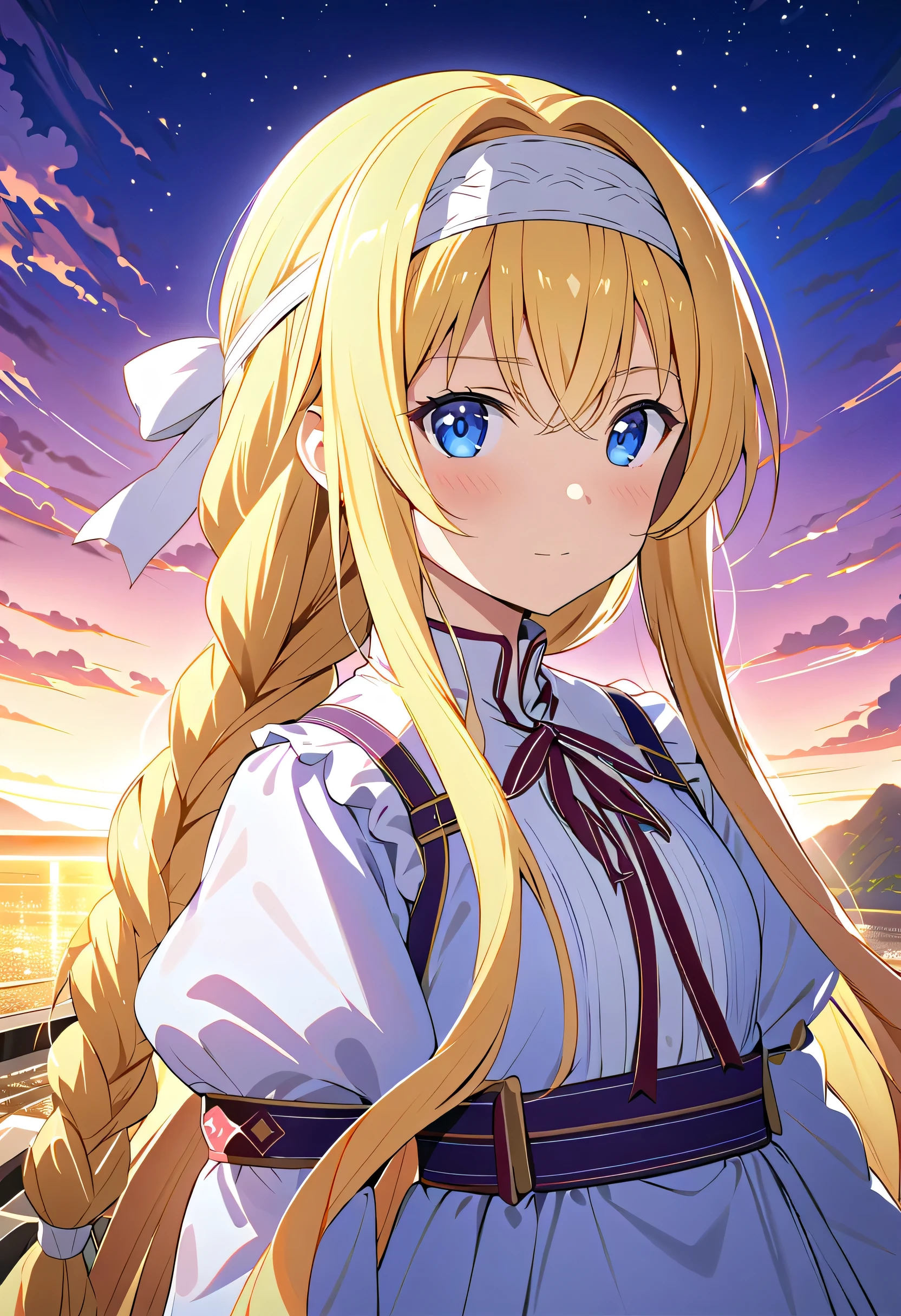  top quality、 very detailed、 high resolution illustration 、 Ultra-high-definition CG 、８k size wallpaper、 Production Art 、 light novel illustration 、  Alice Zooberg, bangs,  blue eyes,  blonde hair ,  hair between eyes ,  Very Long Hair ,  braided ,  headband, white  headband,