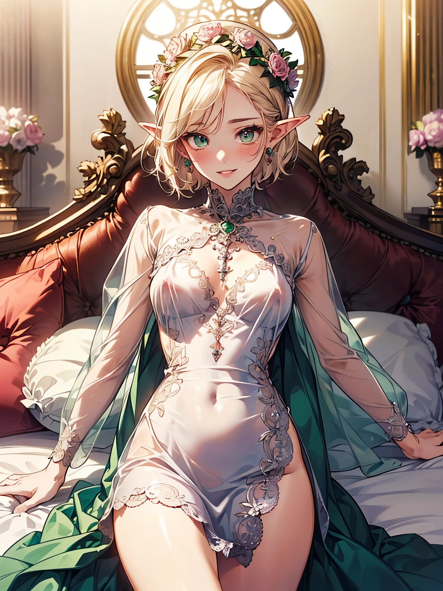 highest quality、Highest image quality、masterpiece、beautiful face、、Titania、Super beautiful elf beauty((22 years old OL big bust、bust 90,beautiful long ironed hair、blonde、Height: 165cm。slender、sexy、Esbian、beautiful underwear、panties、bra、bed、night、High quality、美しいart、beautiful forest、、muste piece、ビジュアルart、Depth of the bounds written、、elf ears、、Lightのmagic、universe、、A happy smile、穏やかなLight、Elven Forest、cherry blossoms、、elegant、ticker beautiful decorative、、mystical rosa、dance、flower瓶、magicのflower、flowerを作るmagic、Light、、beautiful stockings、myth、ART、Lord of the Ring、spectacular scenery、sexy、friendly smile、fantastic world、cherry blossoms、舞い散るflowerびら、cherry blossomsのflower、universe、magicのLight、fantasy、flower、super REALITYMany roseagic、Interior decoration、Many tapestries、Grow fantasy、、mysteryのLight、byzantine、renaissance、Art nouveau、Alphonse Mucha、、art、art,mystery,UHD,magicalgentle light,sexy、nsfw