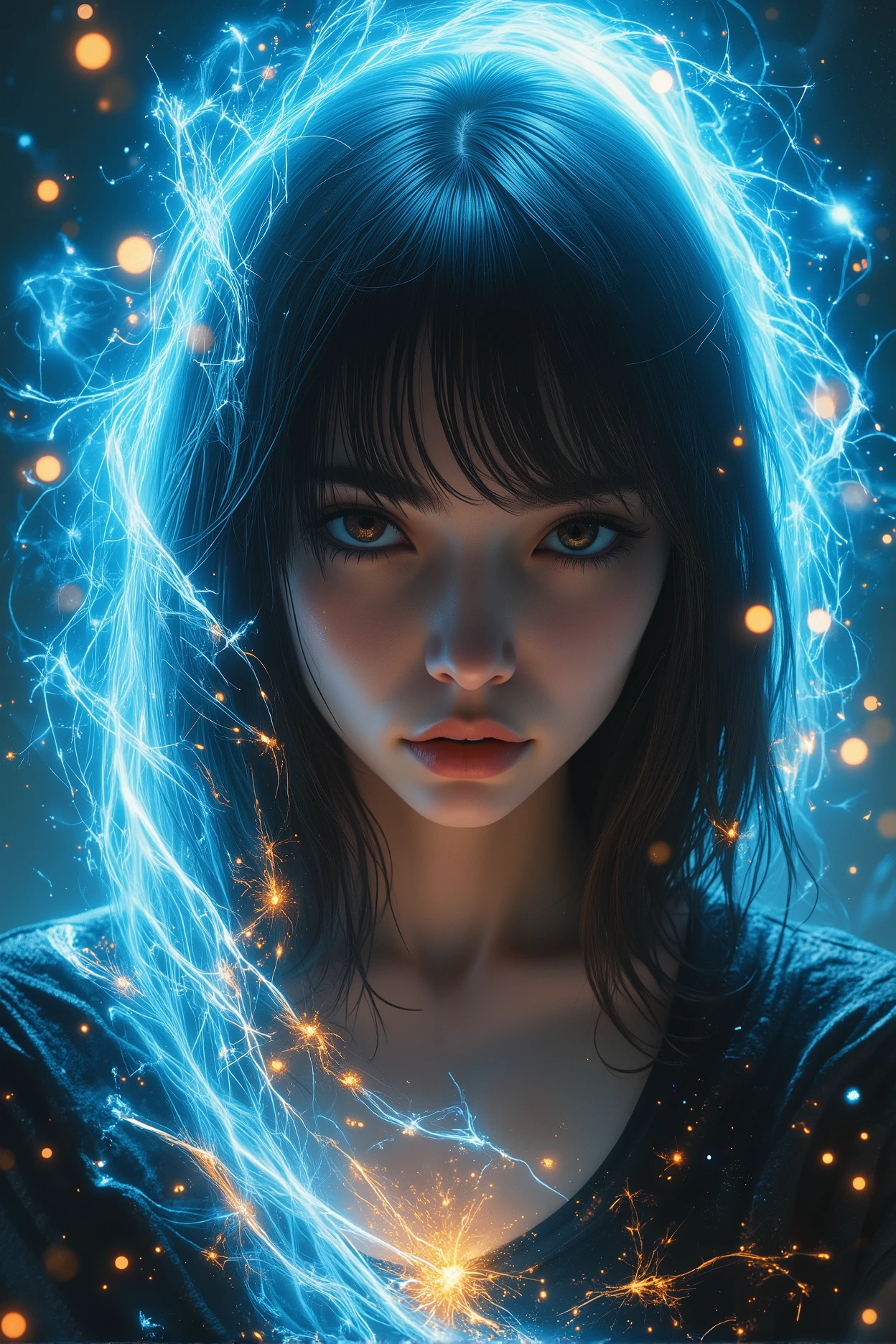 solo, female, holographic woman, holographic projection, floating, futuristic, bored, ((dark blue static effect on skin)), dark black skin, static skin, long hair, black hair, floating hair, fading hair, sfw, basement, blue static, nude