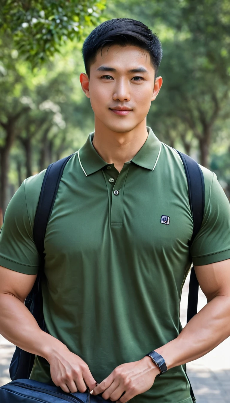 1boy, orimale ,Orimura, black_eyes, black_hair, male_focus, realistic ,  bright eyes  ,smile, Buzz Cut Drop Fade , Handsome Chinese Man with a Little Mustache , is muscular ,blood vessel,Broad shoulders, Wear a olivegreen polo shirt with short sleeves without a logo and jeans. Backpack