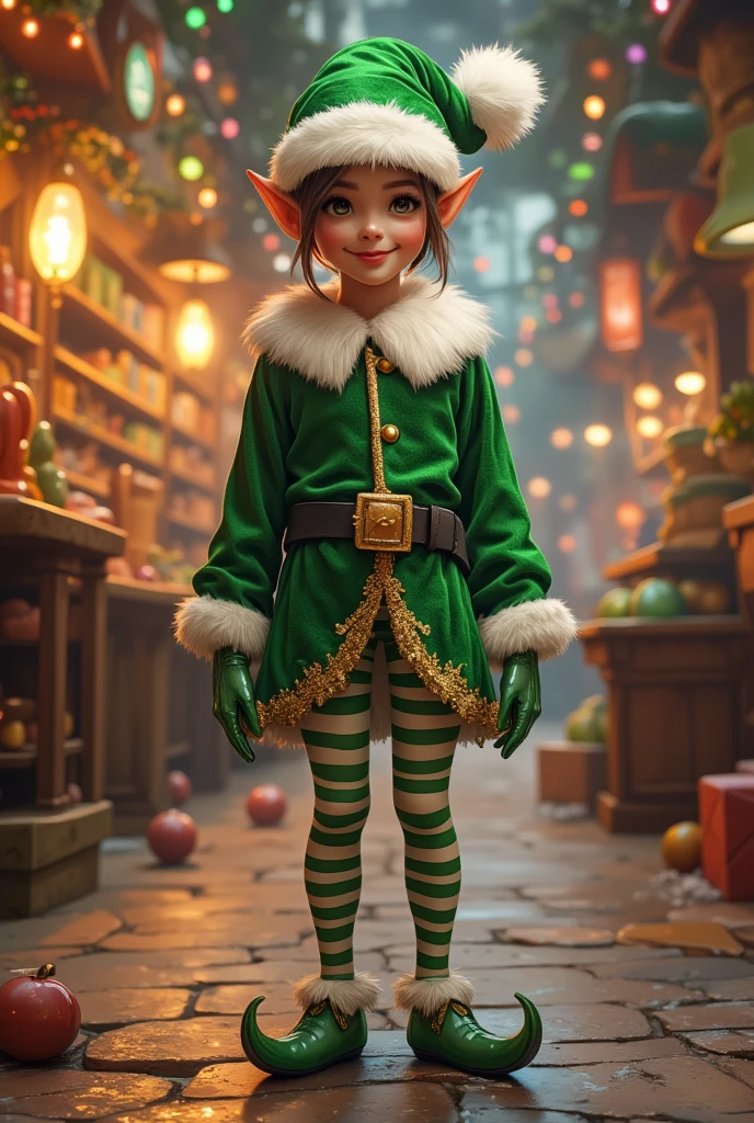 Playful elf costume | green velvet tunic with gold trimming | candy cane striped tights | black belt with a golden buckle | pointy elf shoes with bells | green hat with a white pom-pom | workshop filled with toys in the background | vibrant lighting highlighting holiday cheer.