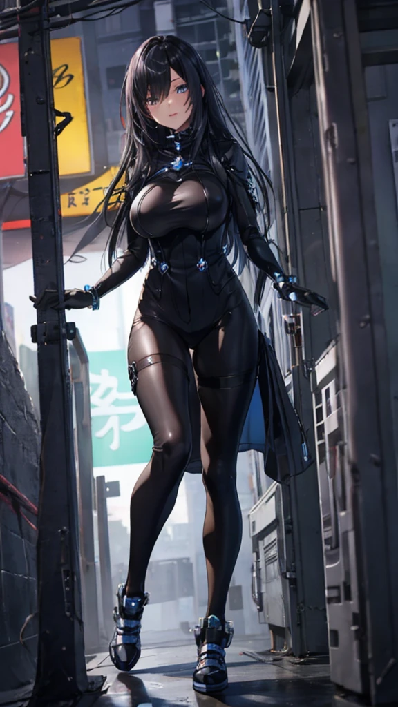 walking on road at midnight background,
Standing at attention, 
black outfit, bodysuit latex, gloves latex,
 black_hair,yellow_eyes,
1 girl, 35yo,mature female,Beautiful Finger,Beautiful long legs,Beautiful body,Beautiful Nose,Beautiful character design, perfect eyes, perfect face,
looking at viewer,  (big_eyes:1.0),(expressionless:1.3),
NSFW,official art,extremely detailed CG unity 8k wallpaper, perfect lighting,Colorful, Bright_Front_face_Lighting,
(masterpiece:1.0),(best_quality:1.0), ultra high res,4K,ultra-detailed,
photography, 8K, HDR, highres, absurdres:1.2, Kodak portra 400, film grain, blurry background, bokeh:1.2, lens flare, (vibrant_color:1.2)
(Beautiful,large_Breasts:1.4), (beautiful_face:1.5),(narrow_waist),