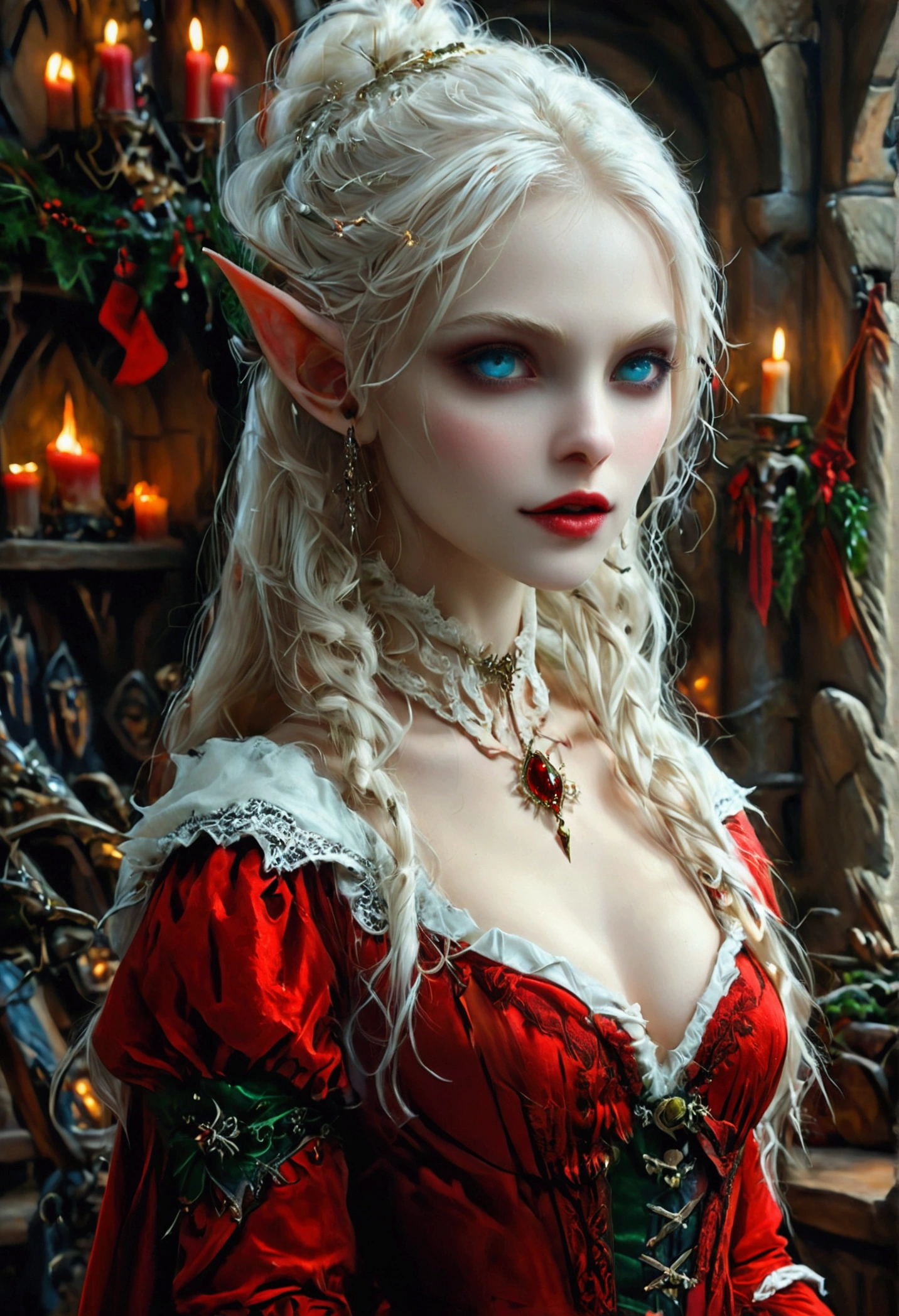 arafed a picture of elf vampire in her castle celebrating Christmas, an exquisite beautiful female elf vampire (ultra details, Masterpiece, best quality), bloody mouth, white hair, pale skin, hair in a ponytail, long hair, blond hair, blue eyes, small pointed ears, cold eyes, smirking, wearing red dress (ultra details, Masterpiece, best quality), green cloak, in fantasy library decorated for Christmas,, arafed high details, best quality, 16k, [ultra detailed], masterpiece, best quality, (ultra detailed), full body, ultra wide shot, photorealism, RAW, dark fantasy art, dark gothic art ,vampyfangs1, Cinematic Shot