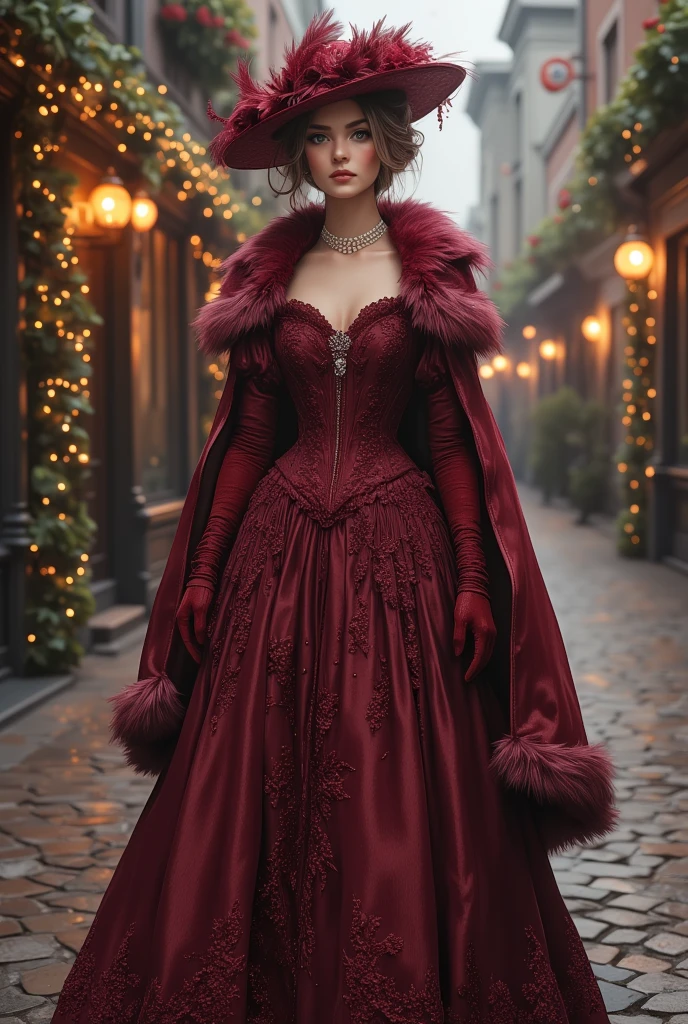 Classic Victorian Christmas outfit | deep burgundy gown with gold accents | intricate lace on the bodice and sleeves | fur-lined cape | feathered bonnet hat | velvet gloves | pearl necklace | cobblestone street with Victorian-style Christmas decorations in the backdrop | warm candlelight.