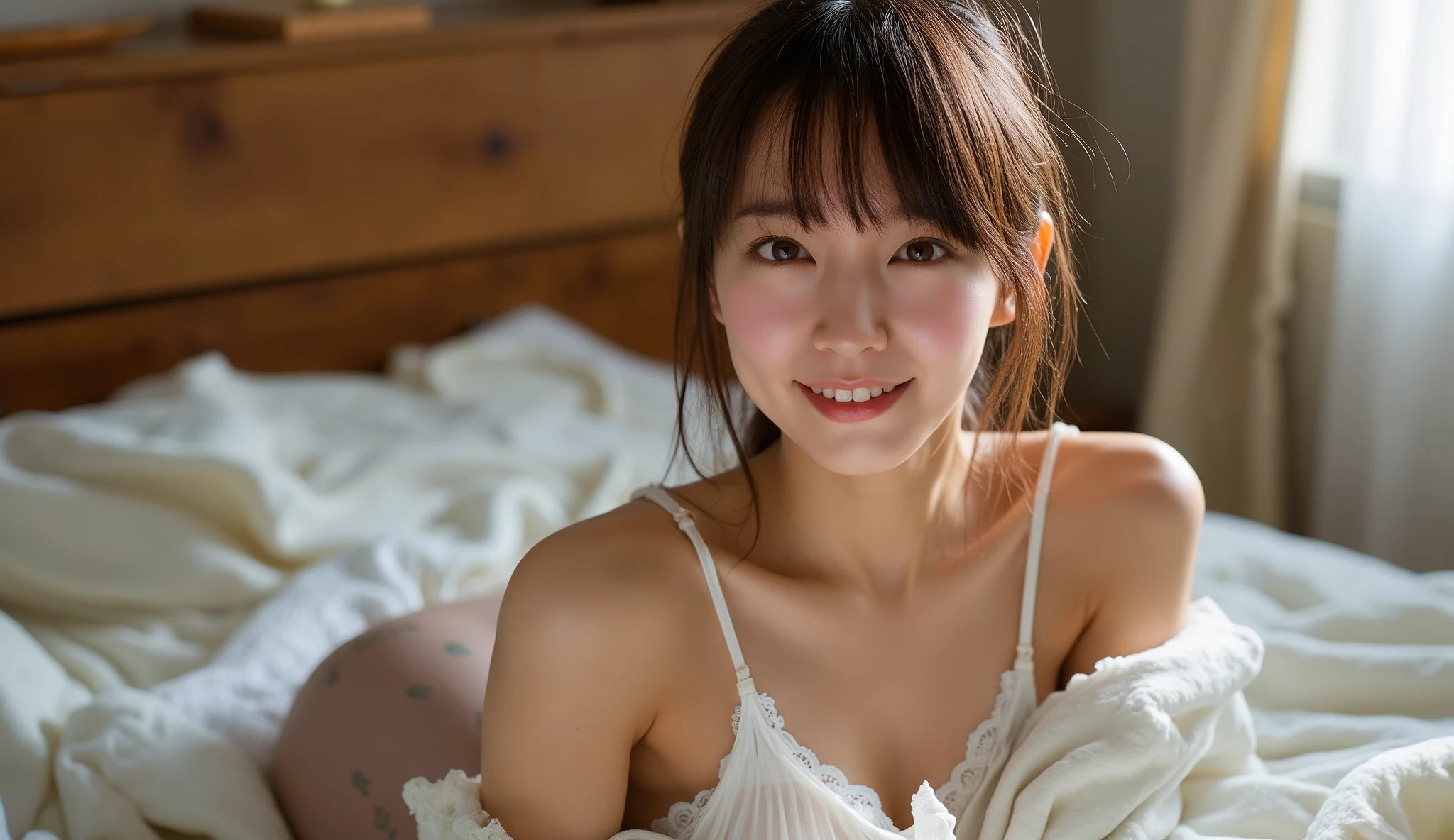 (8K, RAW photo, highest quality, masterpiece:1.2), (realistic, photo-realistic:1.37), Super detailed, ultra high resolution,1 girl,looking at the viewer,beautiful detailed face,smile,narrow,(slim waist:1.3),shirt, beautiful and smooth skin, skin texture, floating hair,professional lighting,
